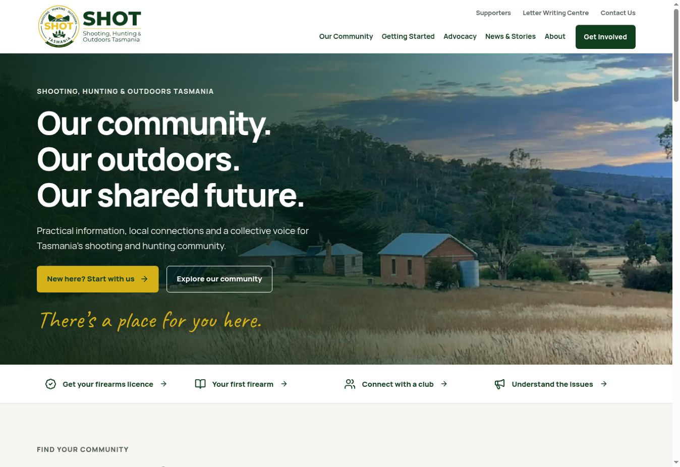 SHO Tasmania homepage showing the green and gold design, Tasmanian landscape and community navigation.